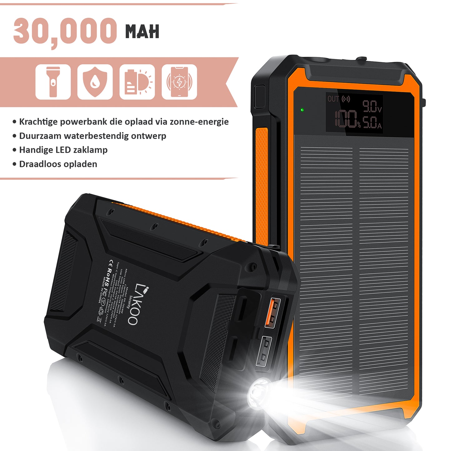 LAKOO - Solar Powerbanks - powerbank zonneenergie - powerbank Iphone - 30000MHA-Babyphone - Babyfoon - Zonneergie - Waterproef-Ledverlichting - Draadloosladen - Aansluiting voor de Babyfoon