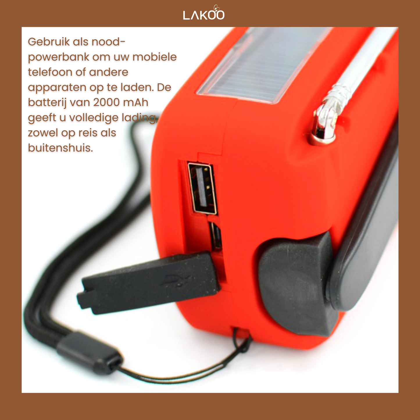 Lakoo Multifunctioneel Draagbaar Noodhulpmiddel met Powerbank, FM-radio, Zaklamp & Zonnepaneel