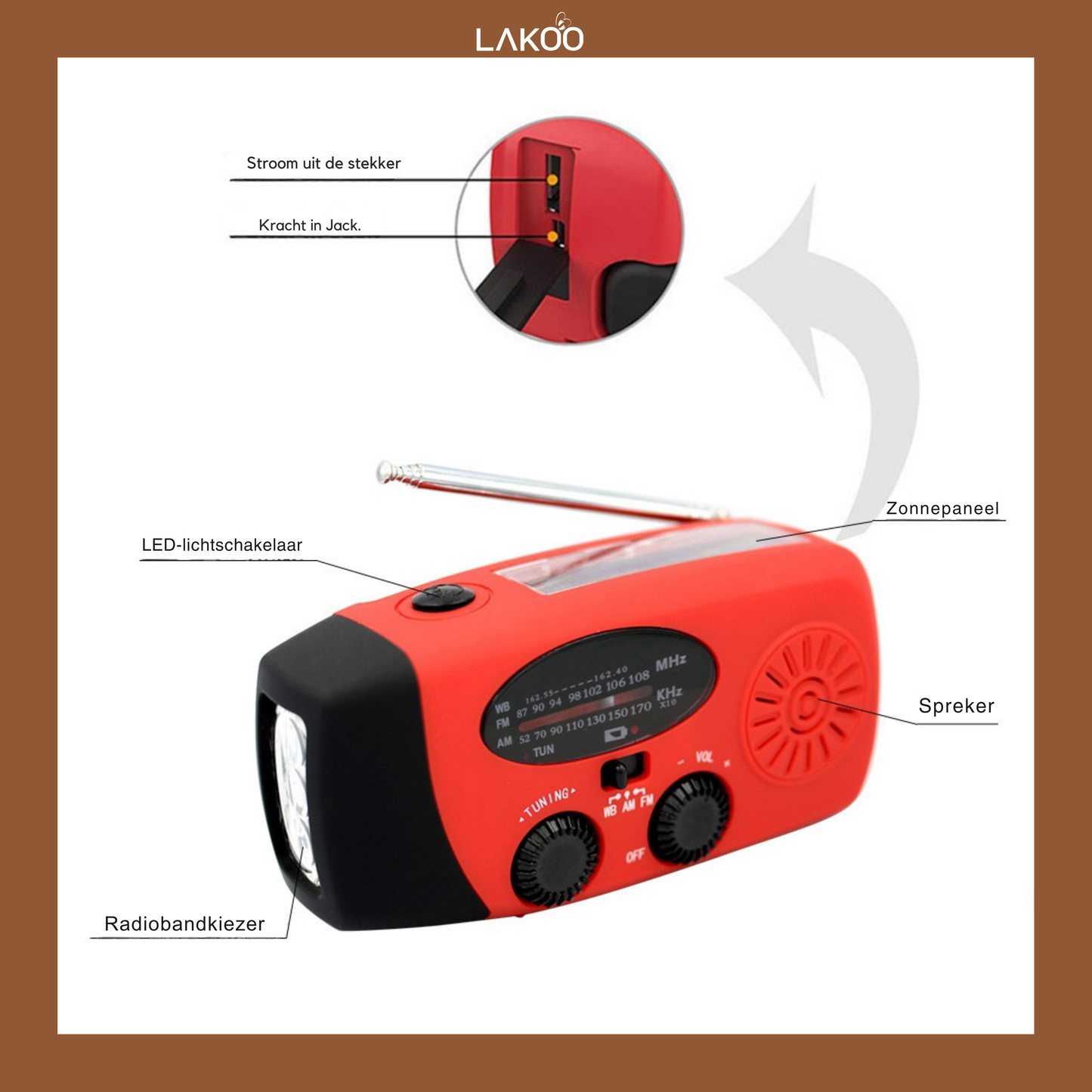 Lakoo Multifunctioneel Draagbaar Noodhulpmiddel met Powerbank, FM-radio, Zaklamp & Zonnepaneel